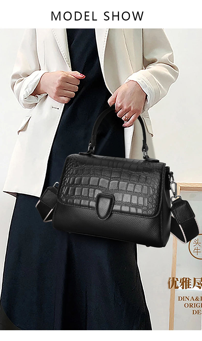 Damenhandtasche aus echtem Rindsleder, Schwarz, Einzelschulter- und Umhängetasche mit Schultergurt, Messenger-Tasche mit Steinmuster – Detail 1