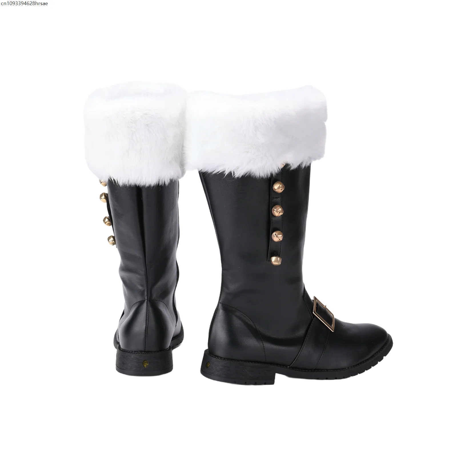 Bottes de noël pour hommes, bottes de Combat à mollet large, chaussures de Cosplay avec poignets en peluche blancs, pied pour Costume d'halloween et de noël