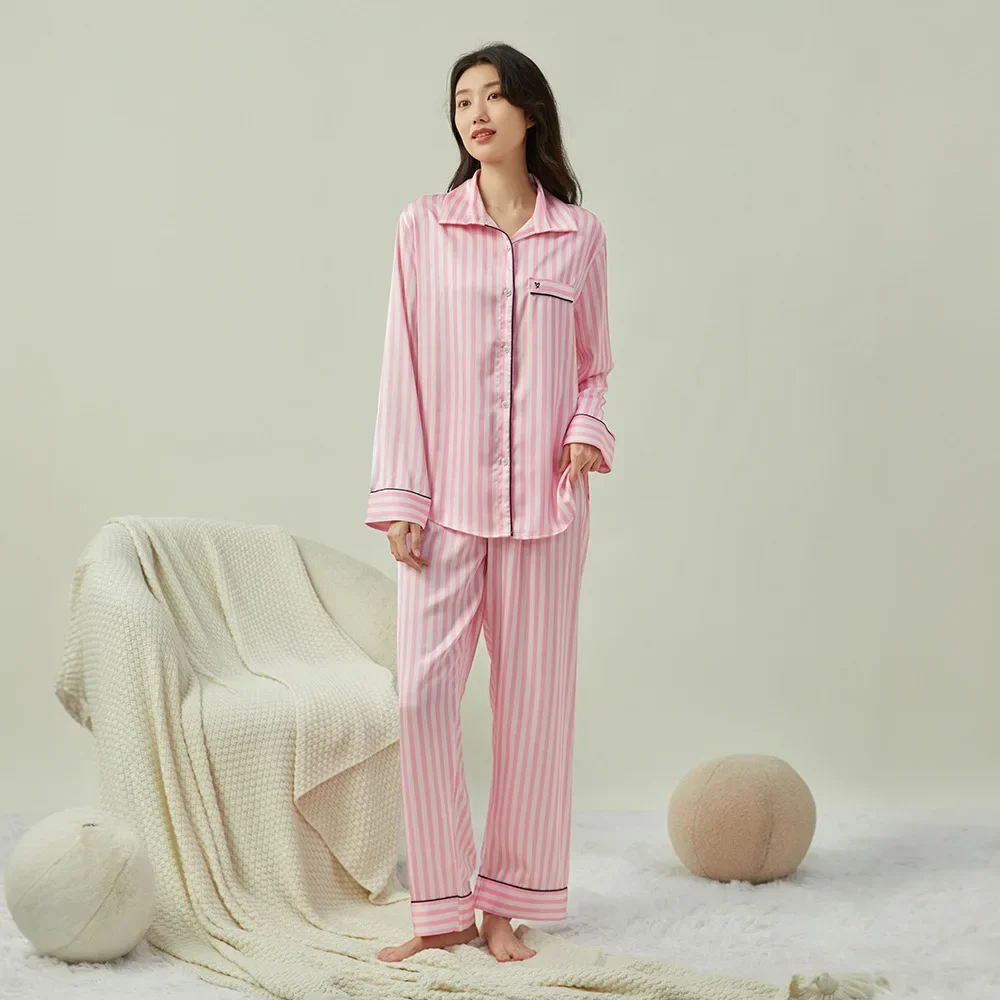 Secret Same Shirt Collar Striped Jacquard Pajamas Women\'s  Long Sleeve Pants Set Homewear Cover