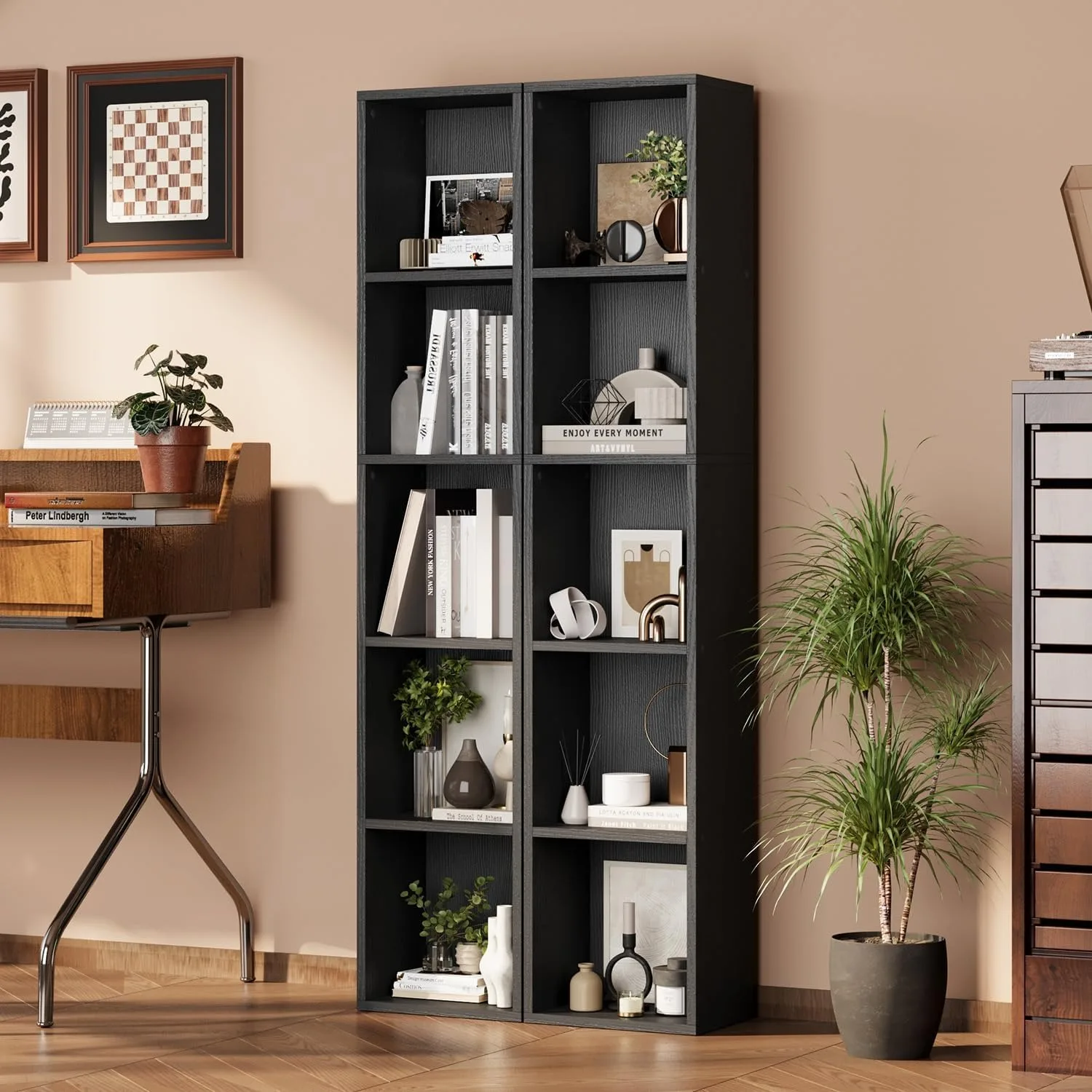 

Tall Narrow Bookshelf Set of 2, 5-Tier Cube Display Rack, Modern Corner Bookshelf with Storage Space, CD Storage Cabinet