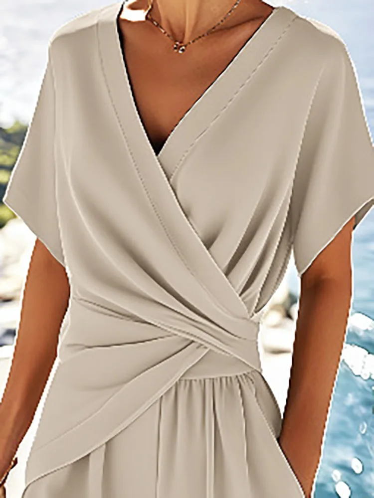 

Женские повседневные наряды нестандартной формы с короткими рукавами, элегантные однотонные костюмы с драпированными карманами из 2 предметов, сексуальные пуловеры с v-образным вырезом, топы и комплекты длинных брюк