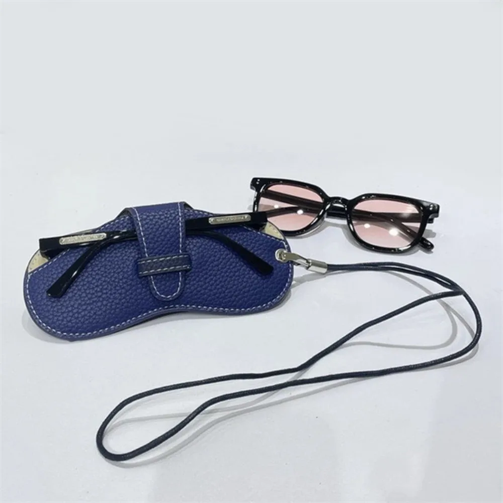 Fashion Solid Color Glasses Bag PU Leather Portable Sunglasses Cover Case With Rope Eyewear Clip Women Men
