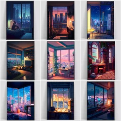 Wall Art Night View Outside The Window of The City Room Cartoon Posters Canvas Painting and Prints Pictures for Room Home Decor