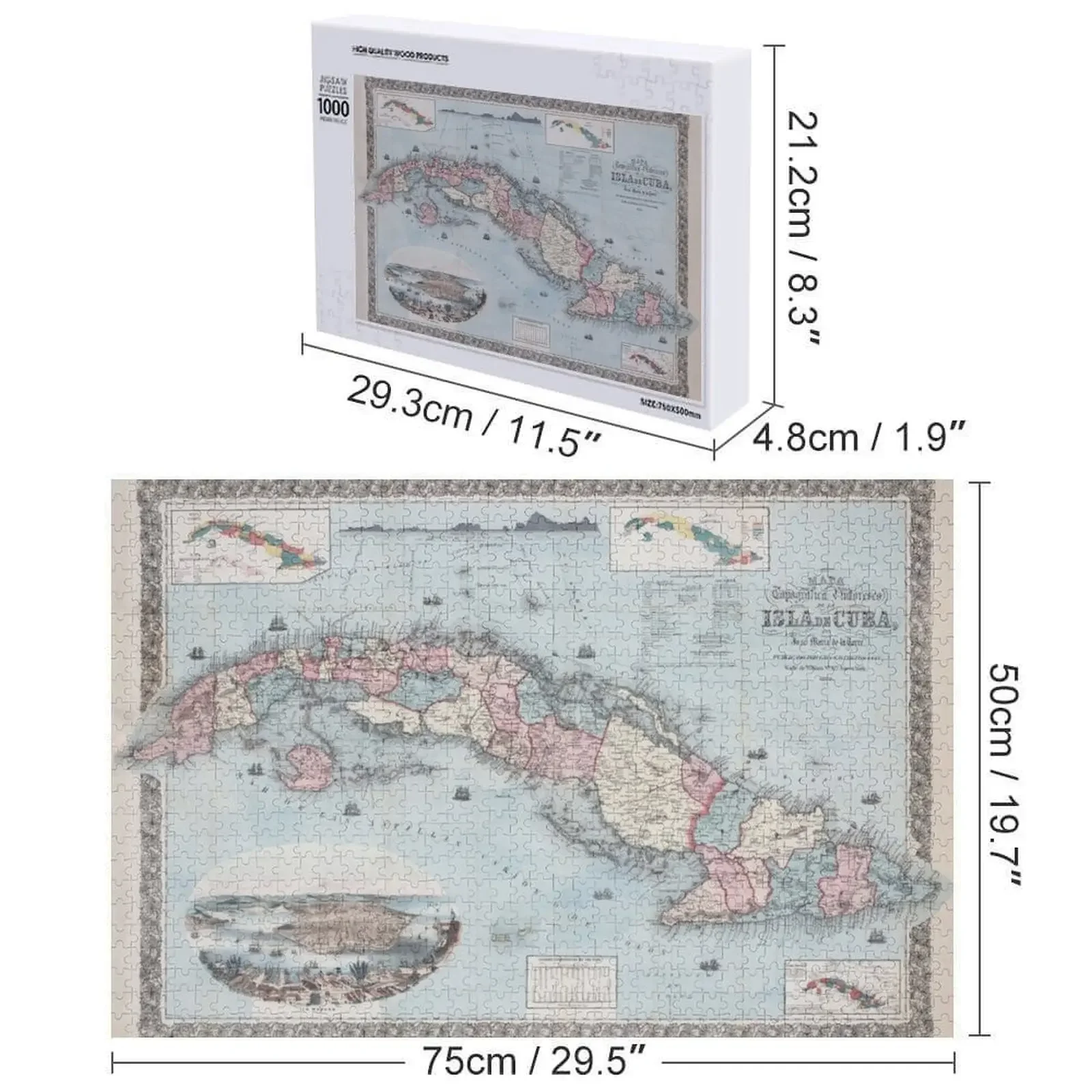 Vintage espanhol mapa quebra-cabeça para criança, personalizado, animais de madeira presente, ilha cubana Atlas, 1868