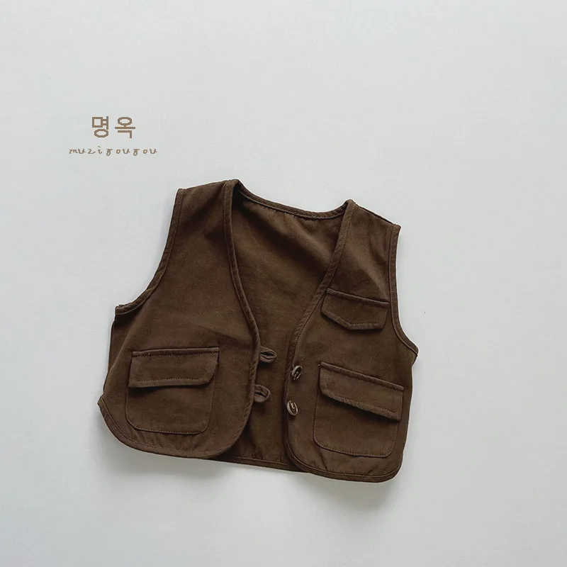 Children Solid Pockets Waistcoat Autumn Costume Boy Baby Cardigan Sleeveless Casual Tops Coat Girl Infant All-match Fashion Vest