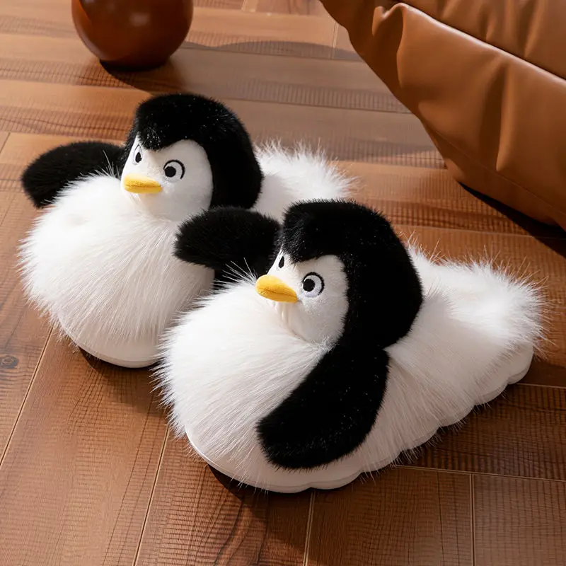 

New fluffy ballet-dancing penguin cotton slippers women adorable hug animal design fur slides winter warm indoor bedroom shoes