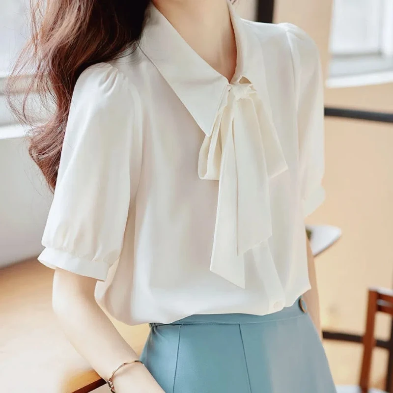 White Chiffon Bow Patchwork Blouse Summer New Short Sleeve Loose Solid Office Shirt Tops Elegant Fashion Casual Women Clothing