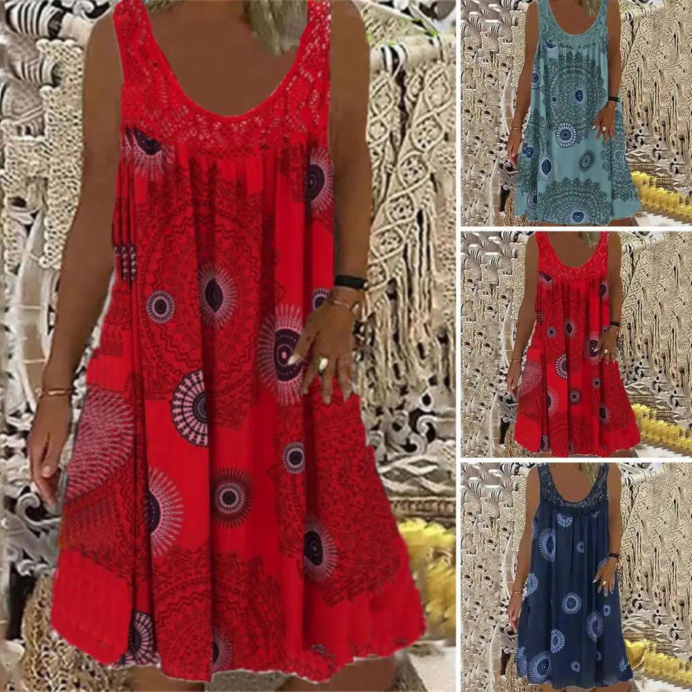 Printed Dress Loose Fit Dress Bohemian Vintage Vacation Dress Round Neck Pleated Mini for Women Digital Print Hollow Out Summer