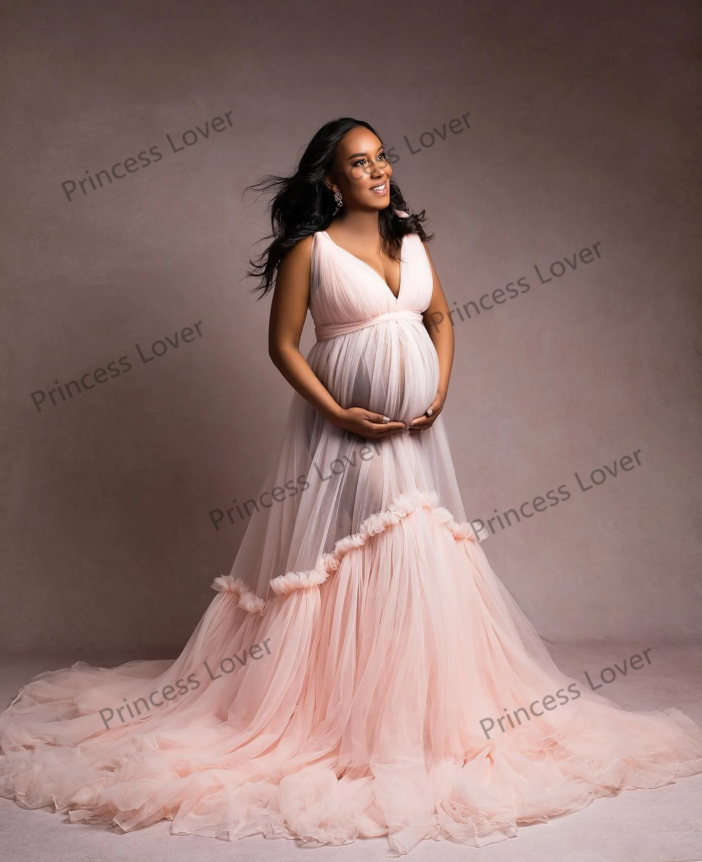 Suknie balowe z dekoltem w kształcie litery V kobiety przezroczysty tiul suknie na baby shower bez rękawów sukienka ciążowa fotografia Vestido de Novia