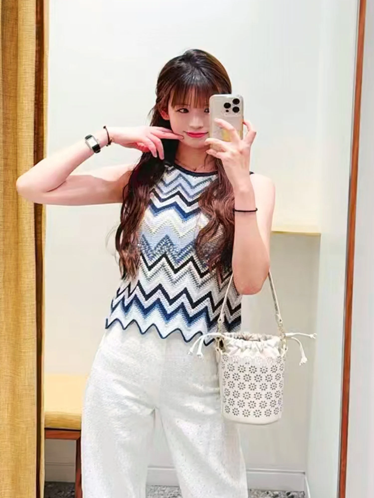 

M Home Spring Summer New Retro Gentle Design Color Blo Wave Pattern ort Knitted Vest Women's Faion Commute Loose Fit