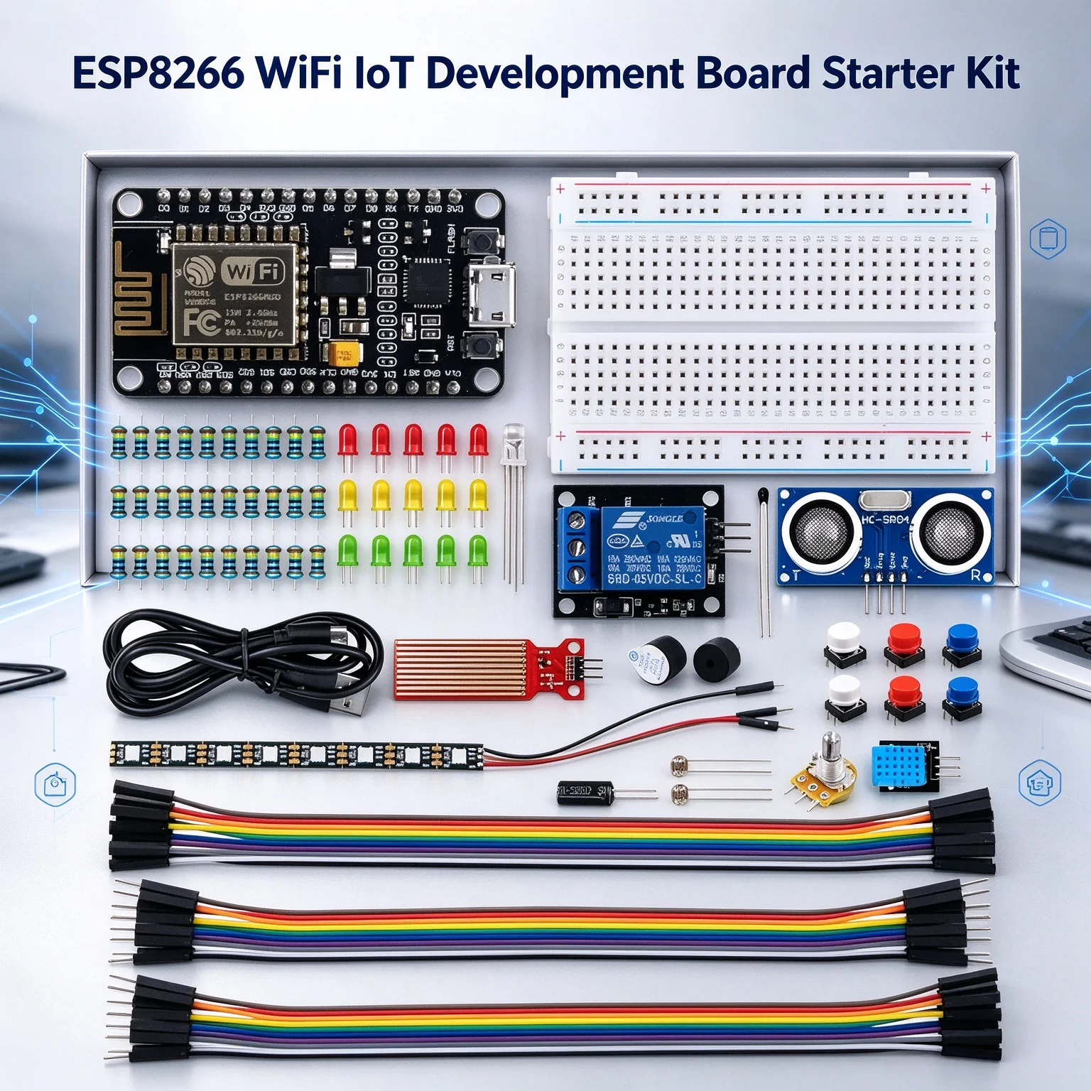 ESP8266 WiFi IoT Development Board Starter Kit, Electronic DIY Sensor Module Set with Breadboard, for Arduino STEM Programming L