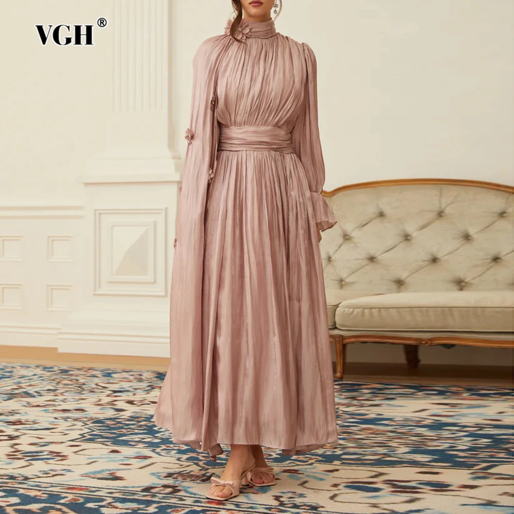 

VGH Slimming Spliced Appliques Solid Dinner Dresses For Women Round Neck Long Sleeve High Waist Elegant Dress Female Fashion New