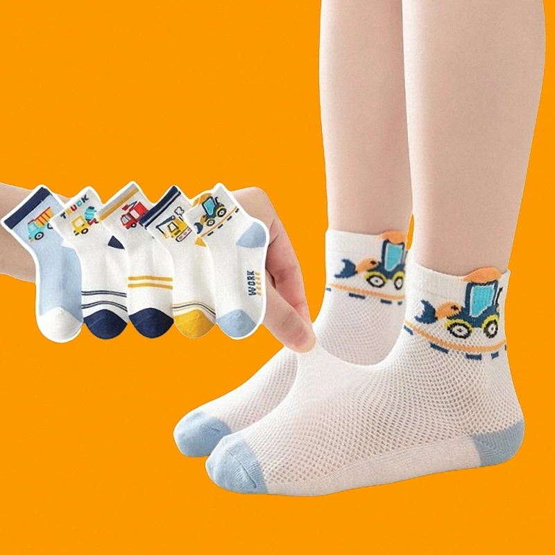 Calcetines de malla transpirable para niños, medias antipelusas con estampado de dibujos animados, para primavera y verano, 5/10 pares, novedad de 2024