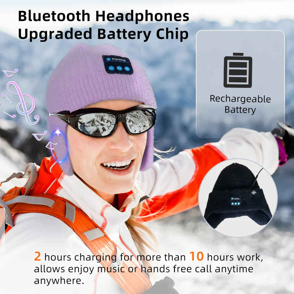 Bluetooth Beanie Hat Wireless Headphone, Men Women Winter Knit Hat with Ear Flaps Music Speaker Hat Outdoor Walking Cap, Purple