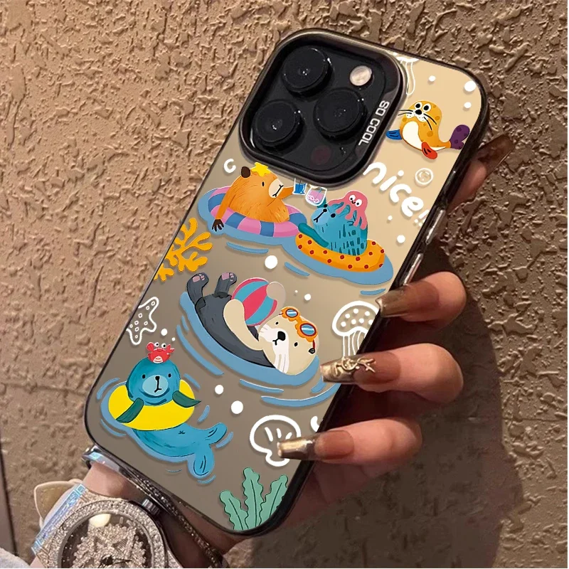 Cute Capybara Sea Otter Matte Hard Case for iPhone 16 15 14 13 12 11 Pro Max XS X XR 8 7 Plus SE 2020 Shockproof Plating PC Capa