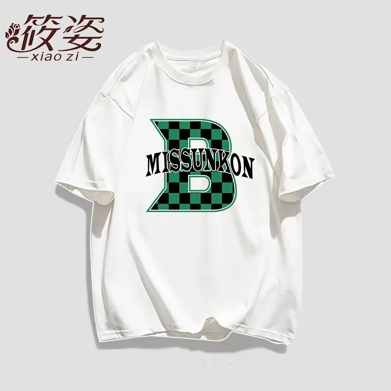 Women Clothing Letter Printed T-shirt Summer O-neck Loose Casual Tops Vintage Street Fashion Cotton Pullovers