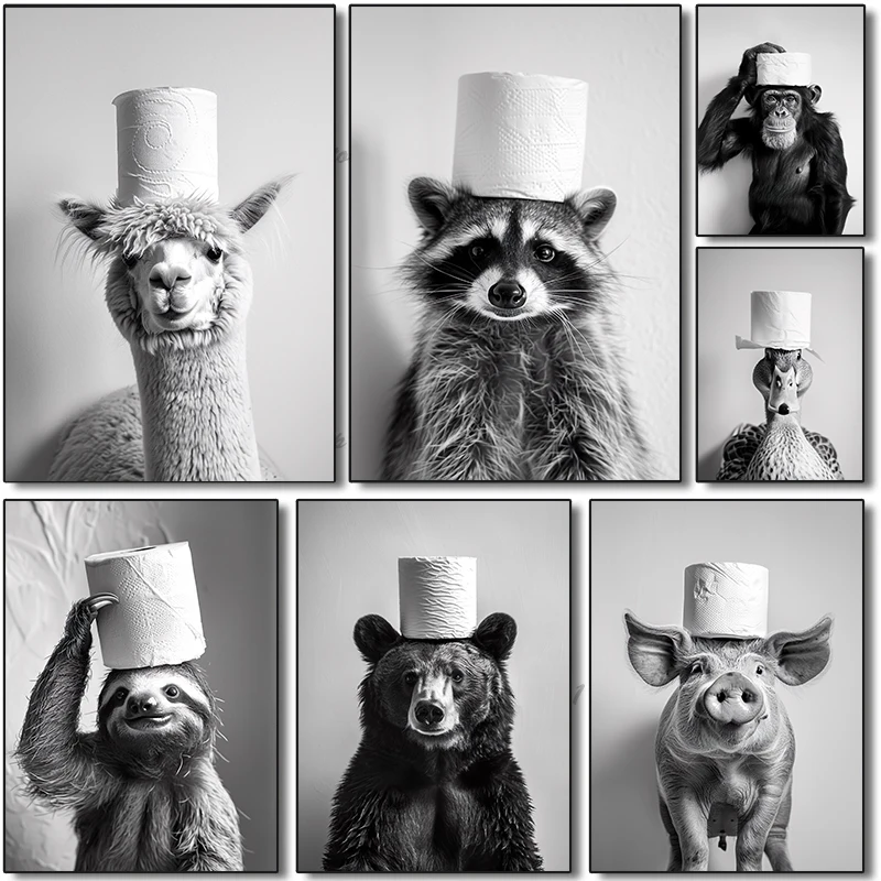 Fun bathroom Black White Animal Raccoon Tiger Rhino Toilet paper on head posters printing wall painting bathroom home decorat