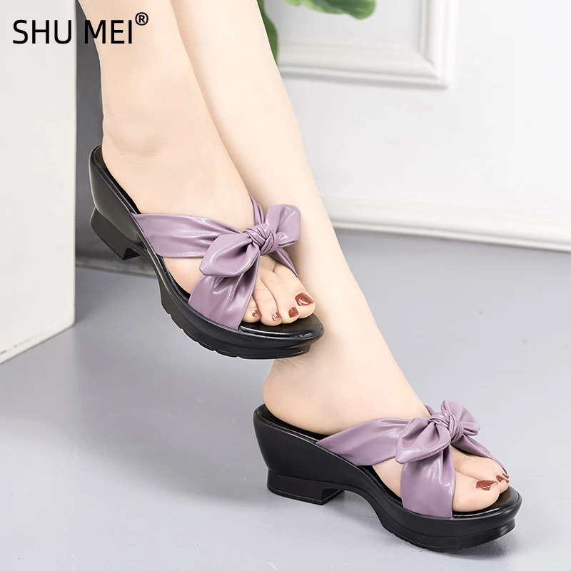 Slippers Women\'s 2024 SummernewLeather Outer Wearing Wedge Heel MiddleHeel Bow Line Casual Mother\'s Thick Soled  Beach Shoes