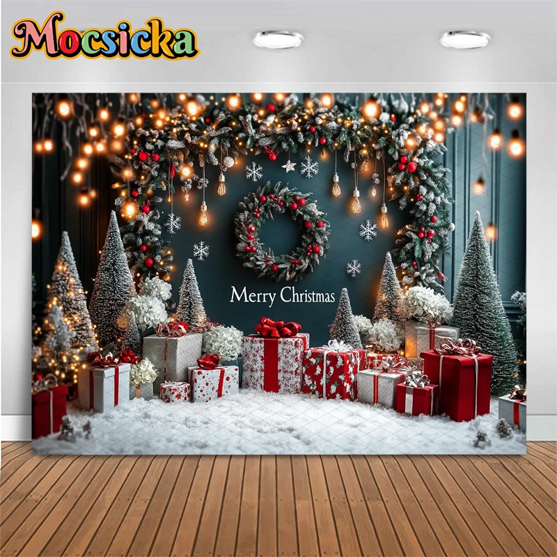 Mocsicka عيد ميلاد سعيد خلفية التصوير الفوتوغرافي اطلاق النار الدعائم شجرة عيد الميلاد الثلوج الهدايا الديكورات الأطفال الكبار الأسرة خلفيات الحفلات