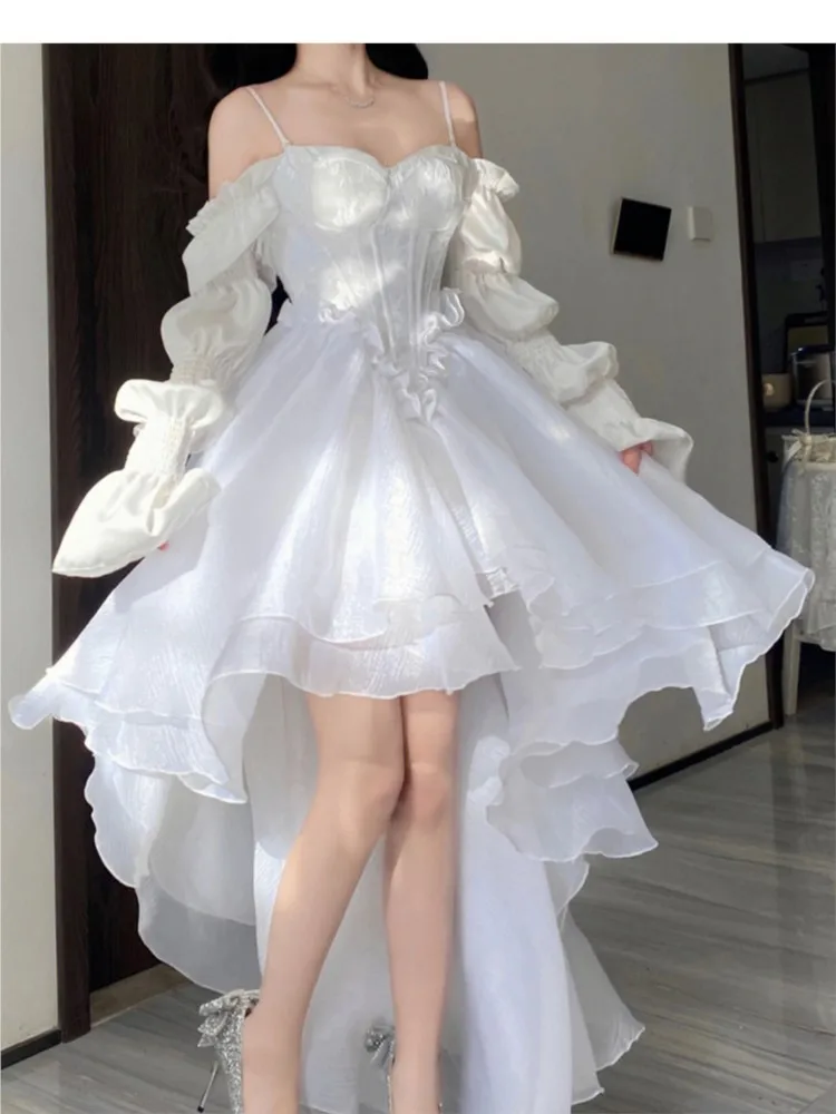 Women Elegant Patchwork Mesh Party Dress Female Shiny Sweet Princess Dress Irregular Ruffle Square Collar Wedding Dress