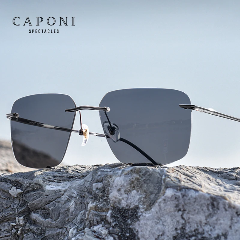 

CAPONI Outdoor Sunglass men Polarized Photochromic Ultra Light Pure Titanium Rimless Sunglasses UV400 Protection ﻿BS28923
