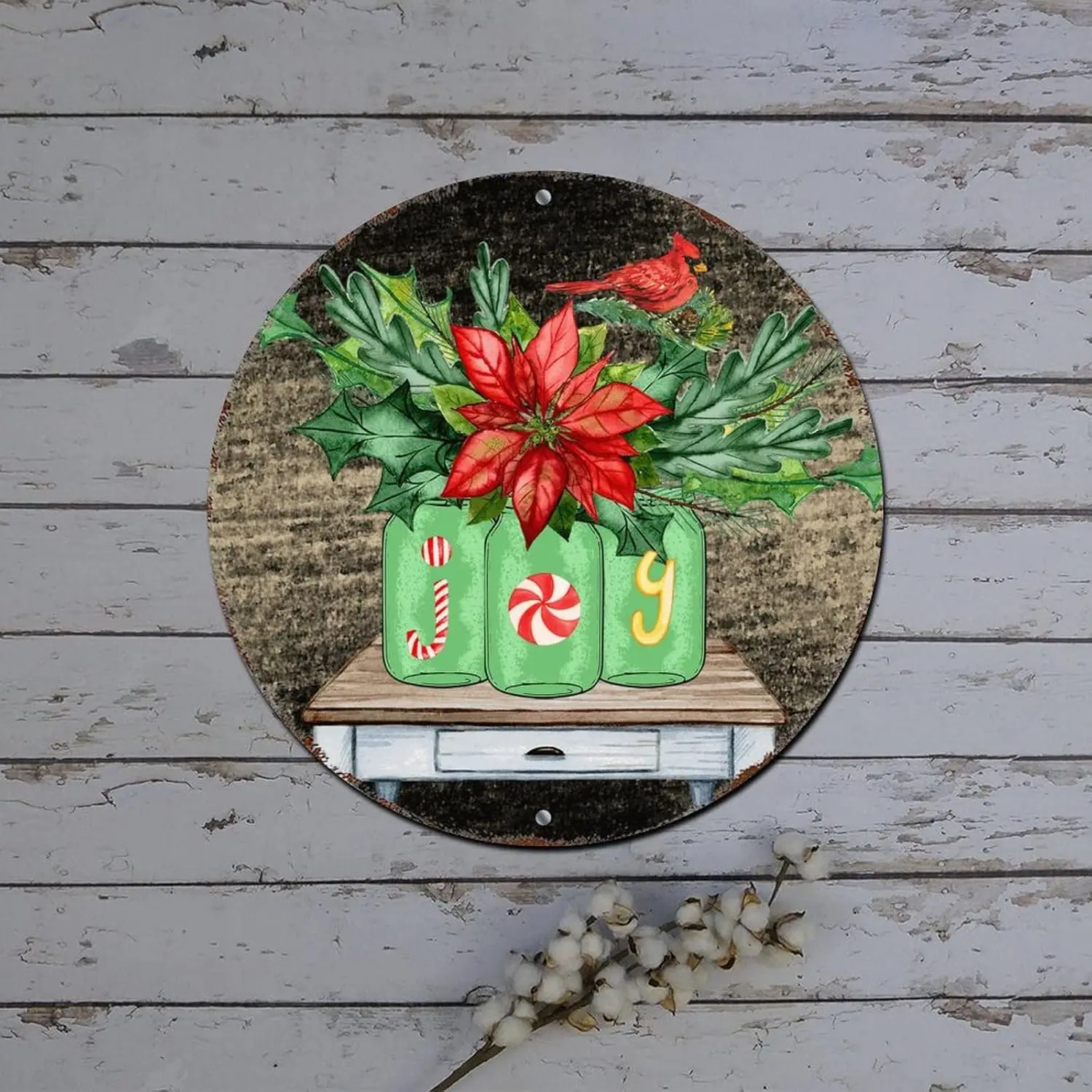 Christmas Round Tin Sign Poinsettia Vase Joy Wood Grain Round Metal Tin Sign Christmas Decorations for Cabinets Distressed Styli