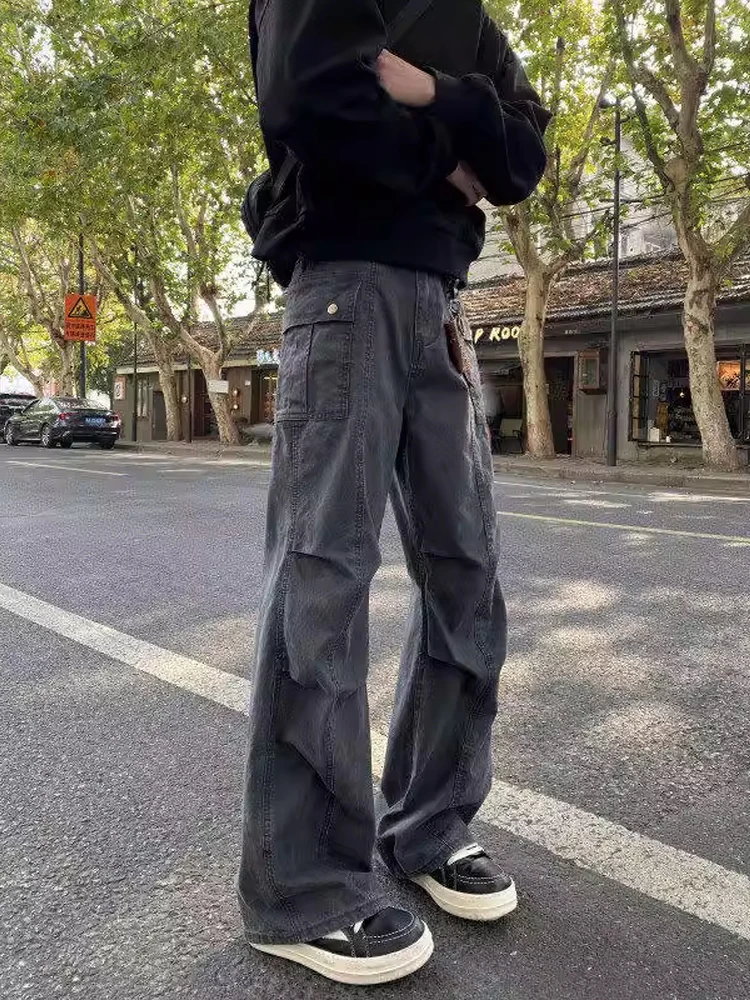 

Мужская рабочая одежда в американском стиле High Street, джинсы, расклешенные прямые брюки, свободный крой, повседневные брюки, осенняя модная брендовая плиссе