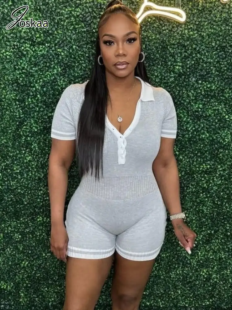 Joskaa 2025 Women's Patchwork Sporty Activity Fitness Playsuit Sexy V Neck Button Short Sleeve Bodycon Rompers Y2K Streetwear