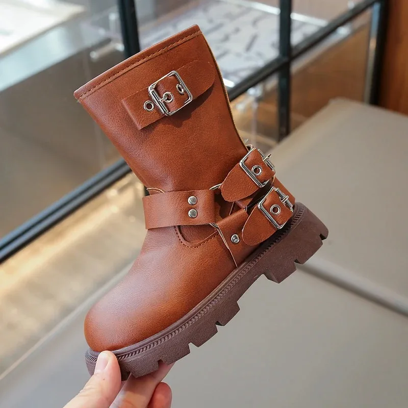 Fall new style girls' fashionable and cool motorcycle boots, with metal clasps, side zippers and thick soles, mid-calf boots