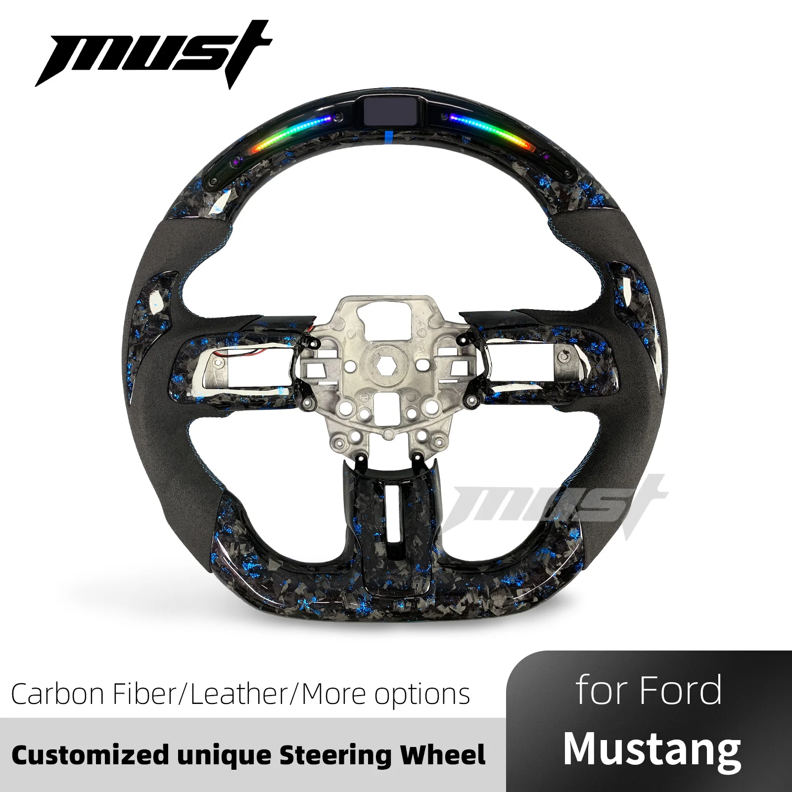 Custom Blue Forged Carbon Fiber LED Steering Wheel for Ford Mustang 2015-2023 S550 GT350 500 Coupe Shelby Car Interior Upgrade