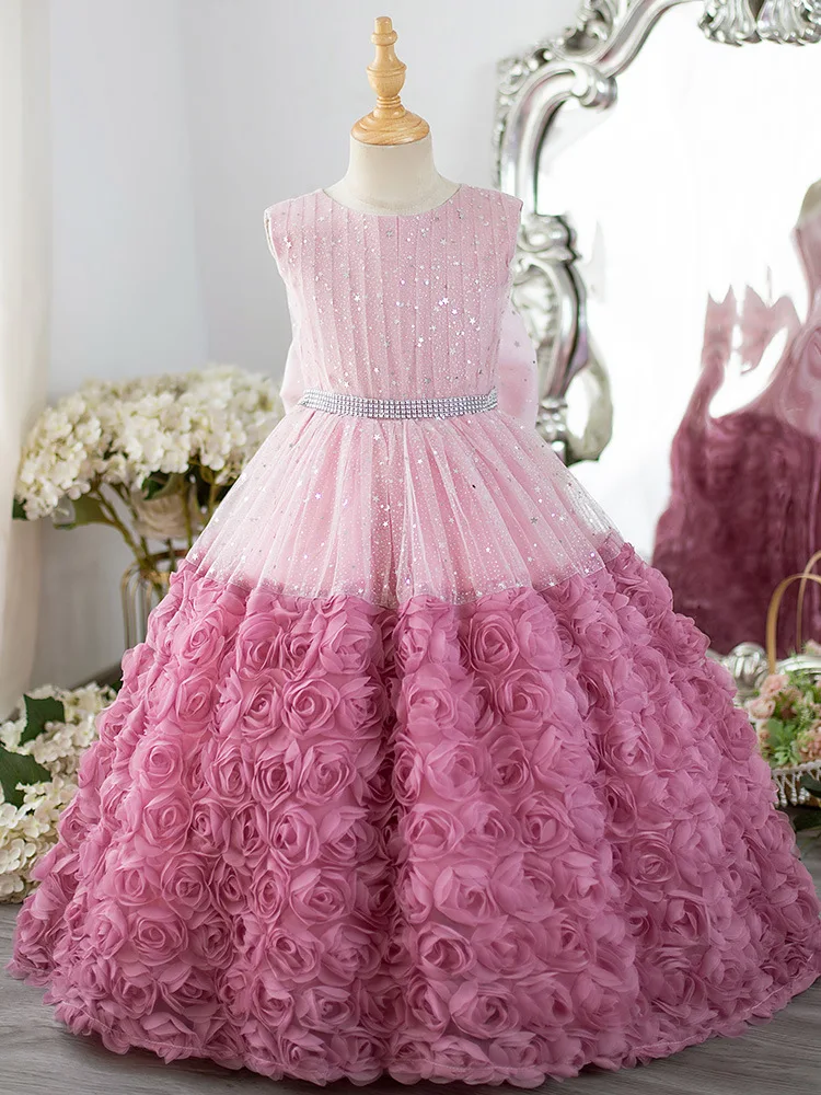 

3-12-yrs baby's first birthday party fluffy mesh Sleeveless dresses bow rose Flower Girl Sequin luxury wedding tulle long dress