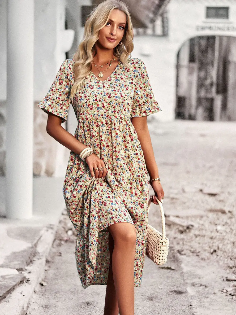 Msfilia Fashion V Neck Elegant Printed Dress Women Summer Short Sleeve High Waist A Line Floral Holiday Dresses