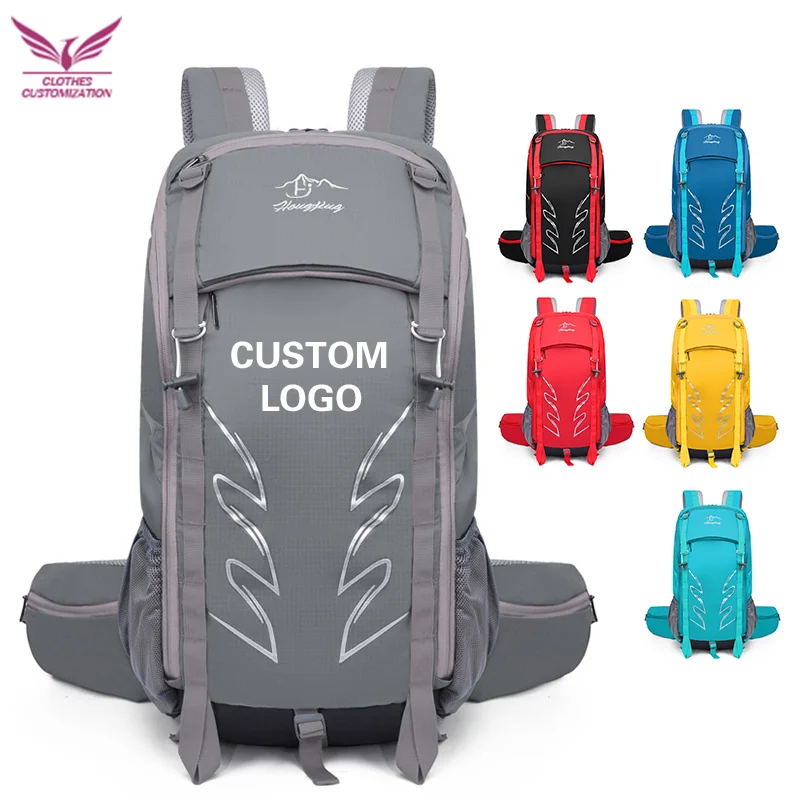 

Outdoor Travel Backpack custom logo Large Camping Mountaineering Sports Bag print photo Waterproof Climbing Bags With Rain Cover
