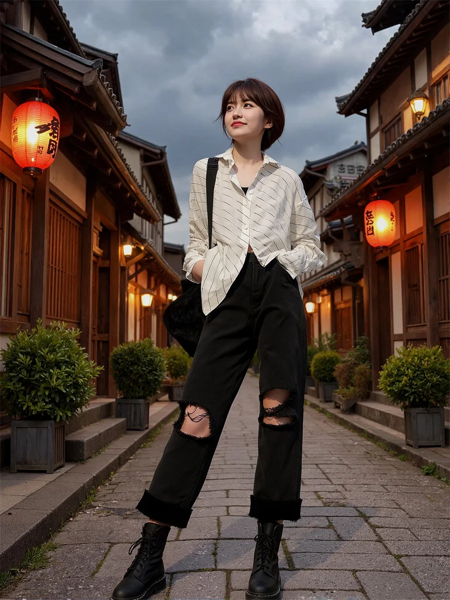 هول ممزق الجينز فضفاض للمرأة الدنيم السراويل ملابس حريمي الشتاء مشروط طويل القامة الشمال نمط ملابس منزلية المتسكع سيدة الحرارية الدافئة