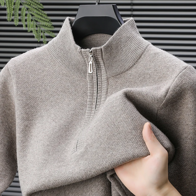 

2025 Новый бестселлер для мужчин среднего и пожилого возраста, 100% шерсть, полувысокая шея, молния, зимний толстый однотонный свитер для папы