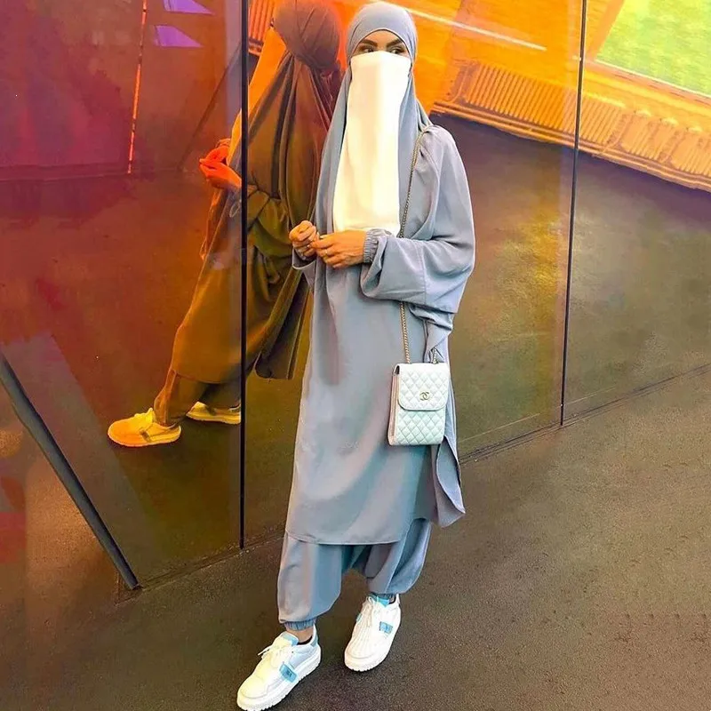 

Eid Ramadan Muslim Women Overhead Khimar Abayas 2 Piece Set Islamic Clothing Prayer Garment Tops Pants Arabic Abaya Dress Robe