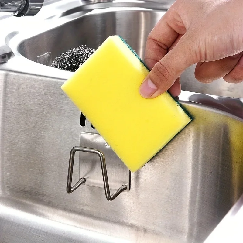 2-Pack of High-Quality, Sturdy, Multi-Functional Stainless Steel Kitchen and Bathroom Storage Racks, Practical Adhesive Sponge Holder, Durable Waterproof and Rust-Proof Kitchen Storage Rack, Stainless Steel Kitchen Sink Shelf Sponge Holder, Adhesive Drainage Drying Rack, Kitchen Wall-Mounted Hook Accessories Storage Organizer