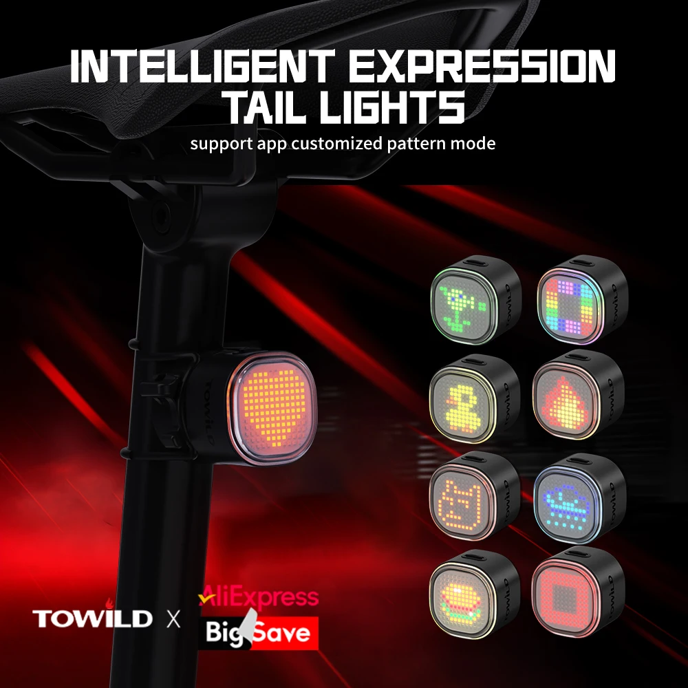 TOWILD TL08 inteligentne tylne światło ekspresji 140 Led czujnik hamowania Bluetooth tylne światło roweru konfigurowalne tylne światła rowerowe