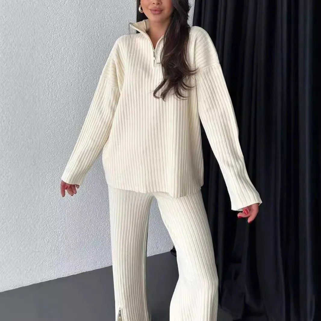 Fall Winter New Knitted Hone Sets Women Fashion Long Sleeve Striped Pullover Zipper Tops Outfits Casual Loose Wide Leg Pant Suit