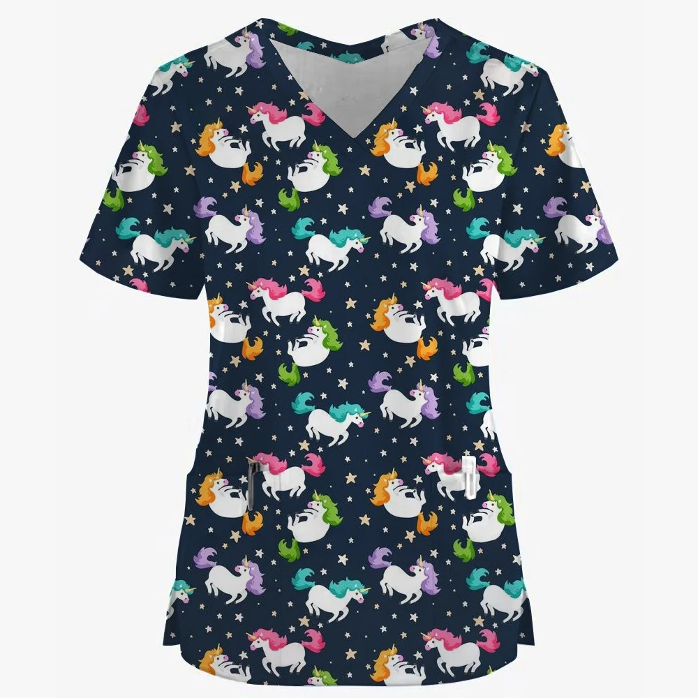 

Cartoon Animals Print Pet Clinic Hospital Nursing Scrub Tops Shirts Unicorn Dentistry Doctor Blouse Medical Surgical Uniforms