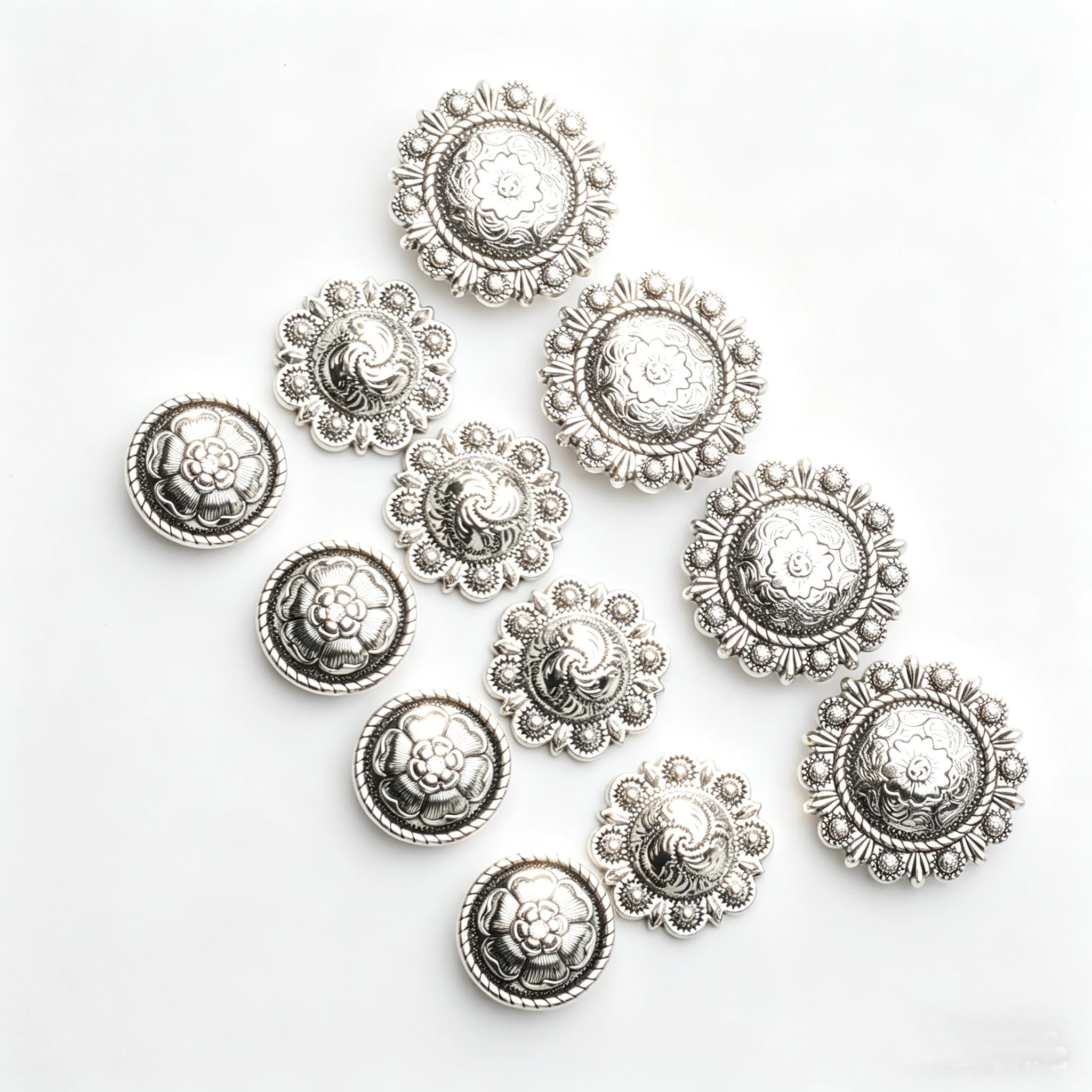 12pcs Retro Zinc Alloy Round Decorative Concho Enbossed Berry Conchos Screwback Buttons Charms Pendants DIY Leather Craft