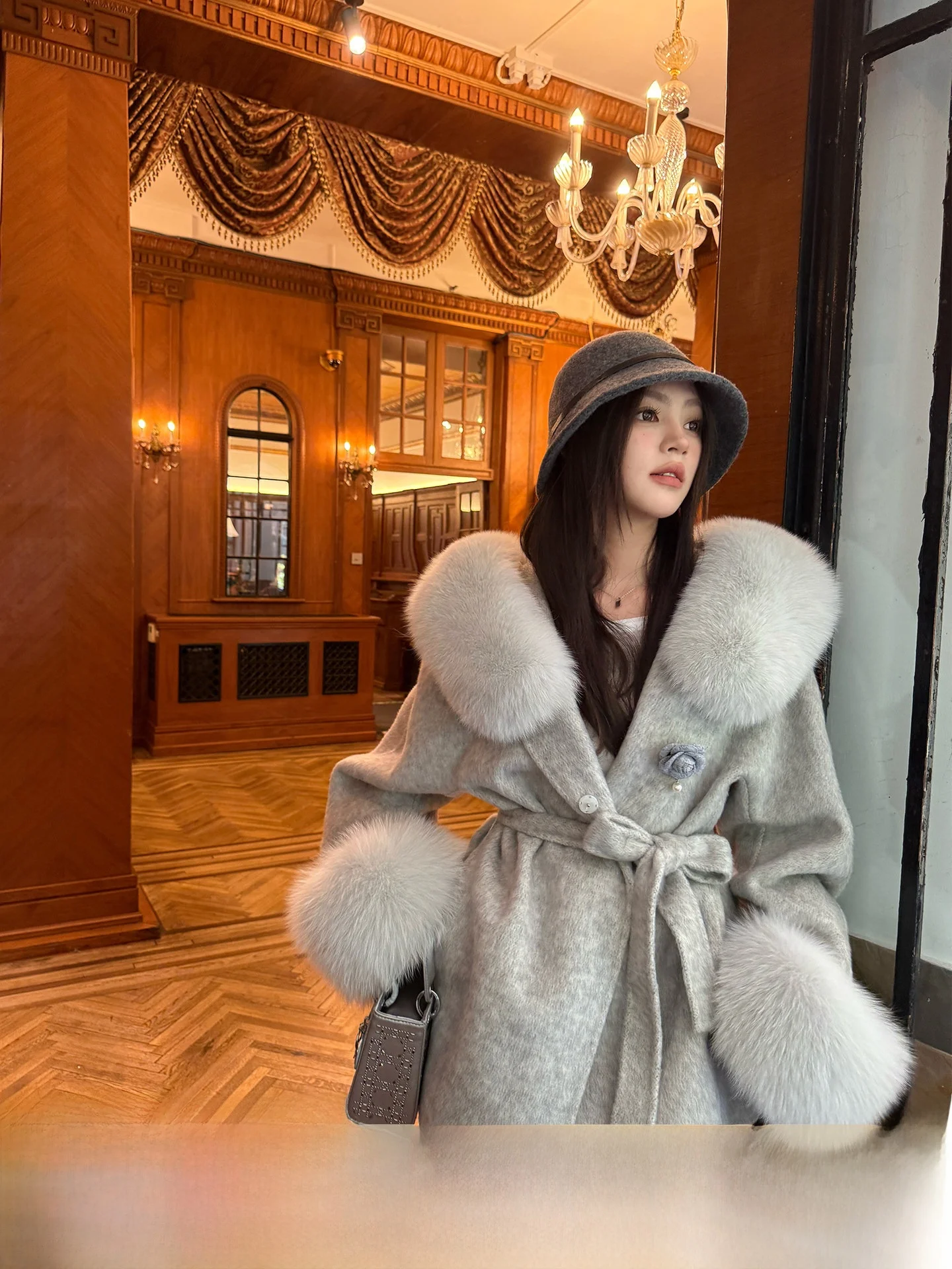 

Gothic Sle Fur Coat Women's Mid-Length Woolen Jaet Autumn Winter Warmth Outerwear Detachable Design Ele Faion