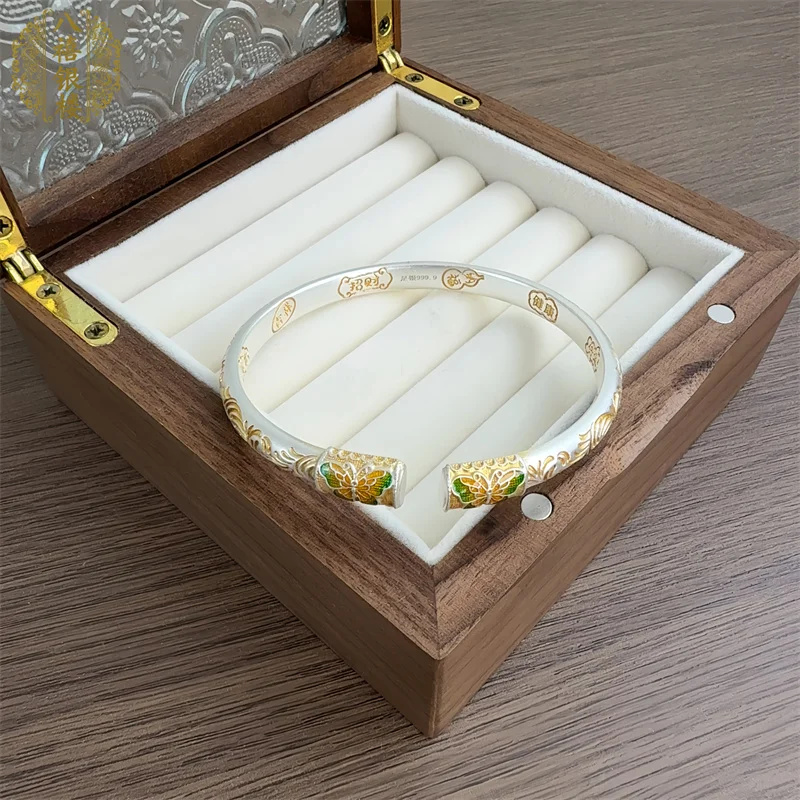 999 غرامة الفضة الإسورة للنساء المينا فراشة و تانغ العشب نمط النيو الصينية نمط الذهب تتبع المفتوحة الكفة هدية مجوهرات #2