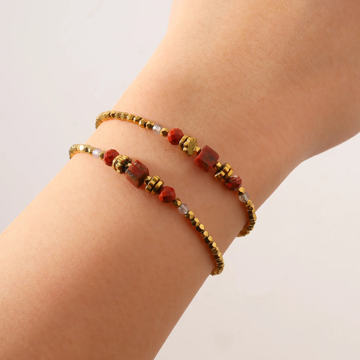 YACHAN 18K Gold Plated Stainless Steel Beaded Bracelet for Women Vintage Luxury Red Natural Stone Jewelry Waterproof