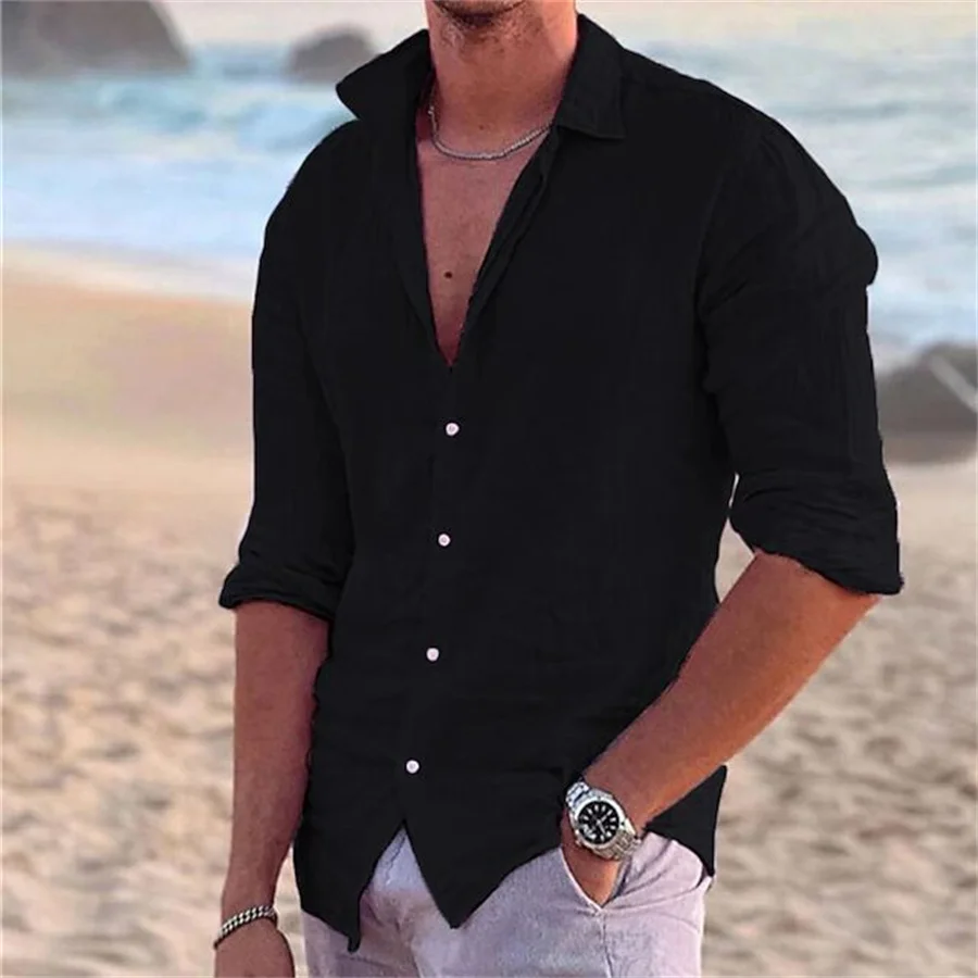 Gray Cotton Linen Men Shirts Long Sleeve Laple Solid Man Tops Breathable Loose Casual Holiday Shirts for Men Streetwear 3XL