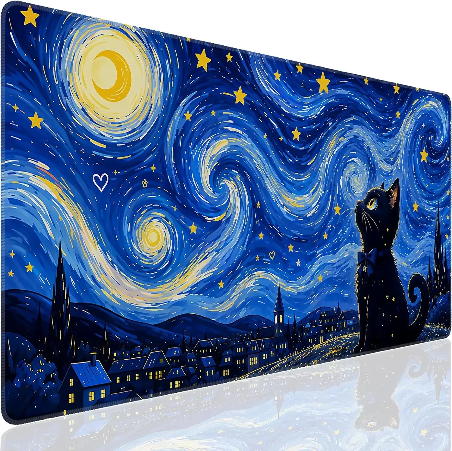 Starry Night Black Cat Gaming Mouse Pad, Van Gogh Swirl Sky Town Print Smooth Edge Non Slip Mat for Gamers Office Home Mouse
