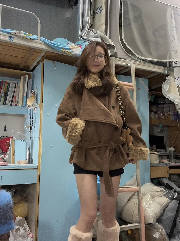 Caramel Furry Collar Long Sleeve Belted Woolen Coat Women's Winter New Warm Waist-Cinching Short Windbreaker Coat
