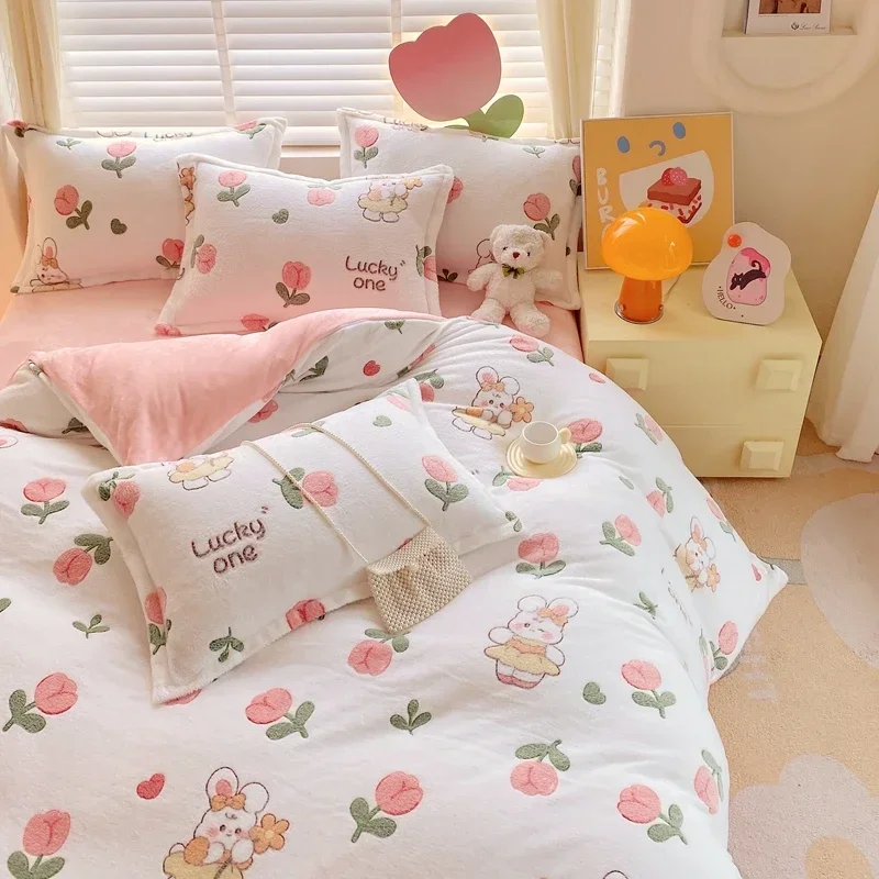 1pc Winter Duvet Cover Queen/King Size Cartoon Style Fluffy Coral Fleece 이불커버 Thick Warm dekbedovertrek 240x220