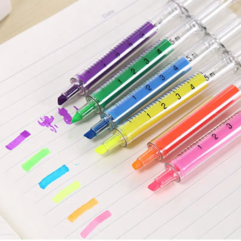 60Pcs น่ารัก Kawaii เรืองแสงการจำลองเข็มฉีดยาปากกา Highlighters Marker ปากกาอุปกรณ์เครื่องเขียนโรงเรียน