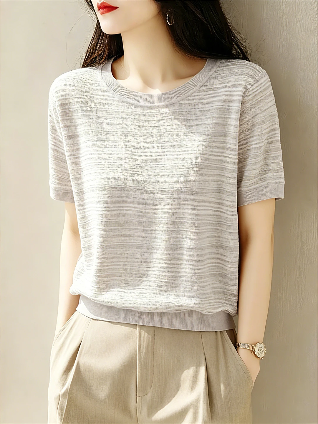 

Comfortable Loose Knitted Ice Silk round Neck Top Women's Summer Fashion Design Knitwear Soft Breathable Casual Inner Wear